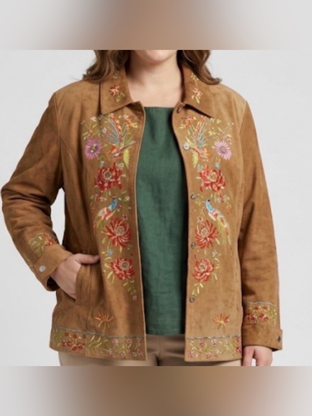 Avanti New York Embroidered Suede Jacket Birds Flowers Brown women’s size XL(C64